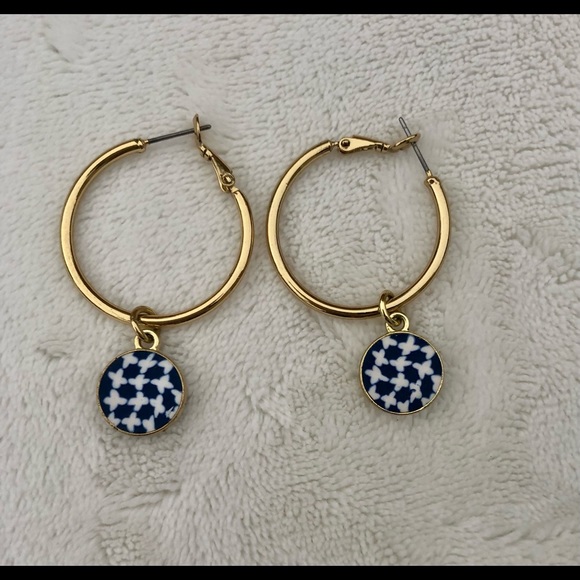 Japanese Hoop Earrings Dangle Gold with Blue and White Round Emblems - Picture 2 of 7